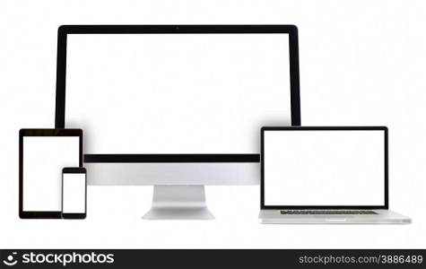 modern monitor, computer, laptop, phone, tablet on a white background