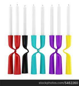 modern multicolored candlesticks with candles isolated on white background