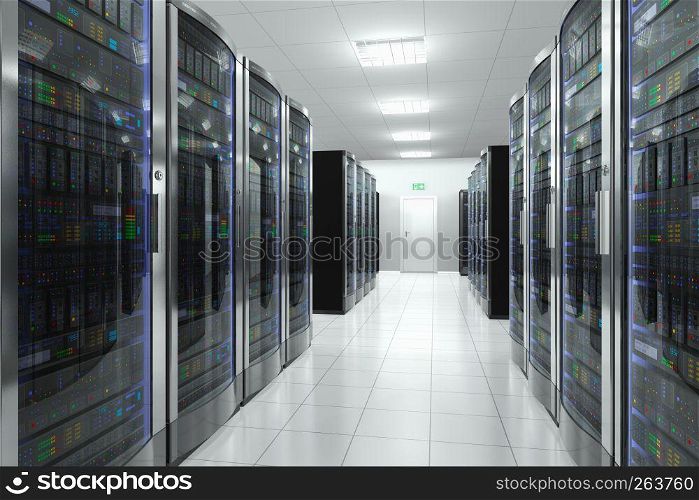 Modern network and telecommunication technology computer concept: server room in datacenter