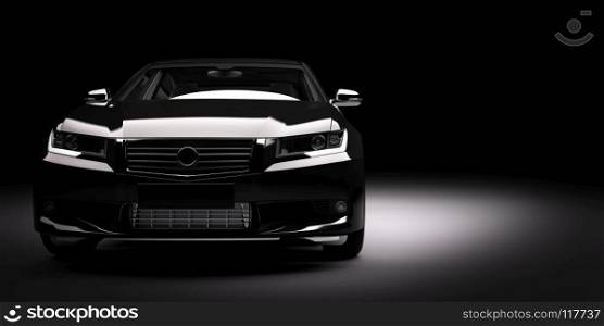 Modern new black metallic sedan car in spotlight. Generic contemporary desing, brandless. 3D rendering.. New black metallic sedan car in spotlight. Modern desing, brandless.