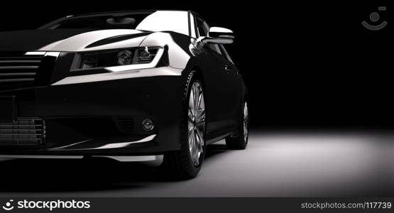 Modern new black metallic sedan car in spotlight. Generic contemporary desing, brandless. 3D rendering.. New black metallic sedan car in spotlight. Modern desing, brandless.