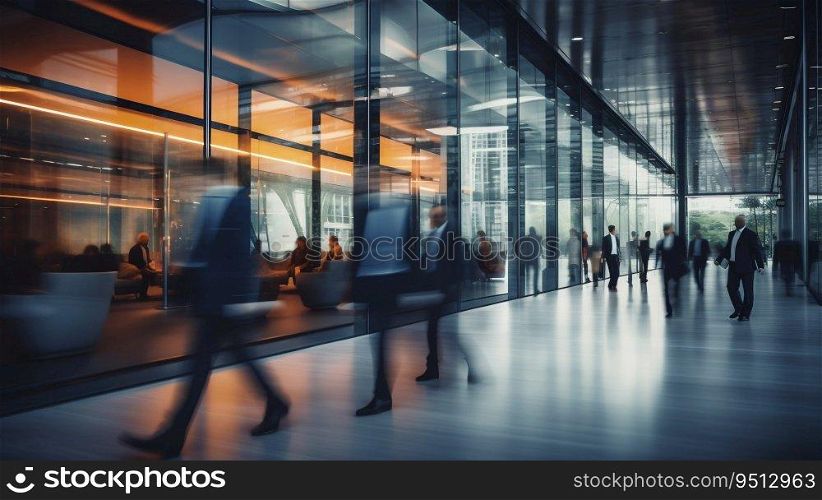 Modern Office Building with Blurred People Walking. Generative ai. High quality illustration. Modern Office Building with Blurred People Walking. Generative ai