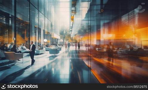 Modern Office Building with Blurred People Walking. Generative ai. High quality illustration. Modern Office Building with Blurred People Walking. Generative ai