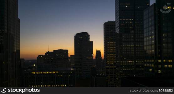 Modern office buildings at dusk in Downtown Minneapolis, Hennepin County, Minnesota, USA