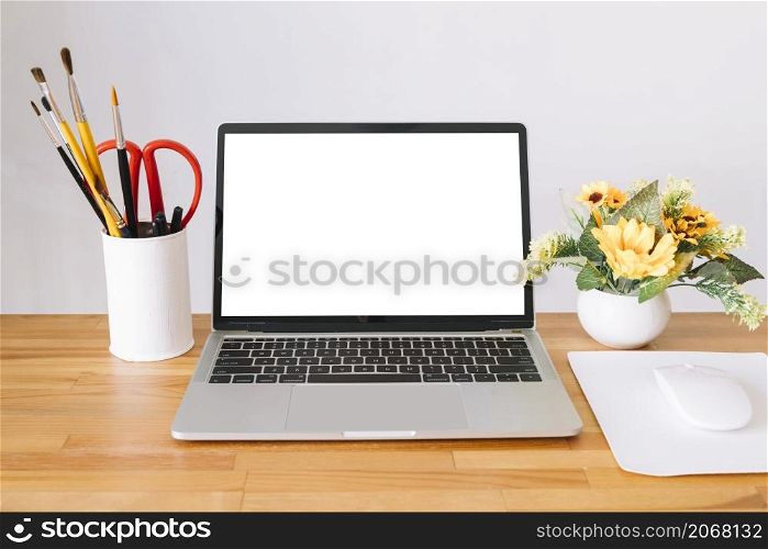 modern office desk composition with technological device