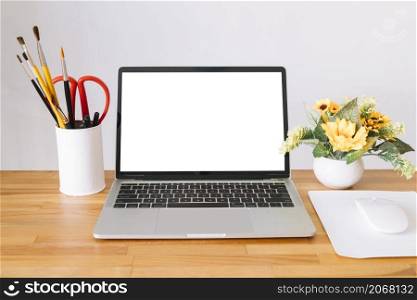 modern office desk composition with technological device