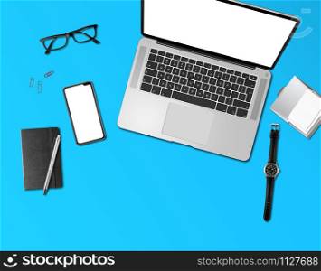 Modern office desk mockup top view isolated on blue. Office desk mockup top view isolated on blue