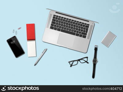 Modern office desk mockup top view isolated on blue. Office desk mockup top view isolated on blue