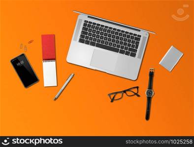 Modern office desk mockup top view isolated on orange. Office desk mockup top view isolated on orange