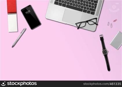 Modern office desk mockup top view isolated on pink. Office desk mockup top view isolated on pink