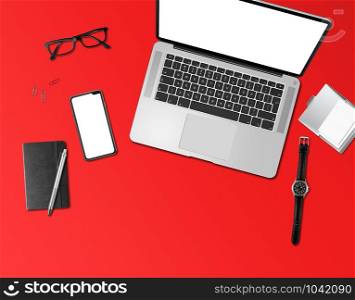 Modern office desk mockup top view isolated on red. Office desk mockup top view isolated on red
