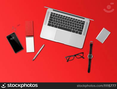 Modern office desk mockup top view isolated on red. Office desk mockup top view isolated on red