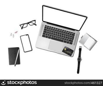 Modern office desk mockup top view isolated on white. Office desk mockup top view isolated on white