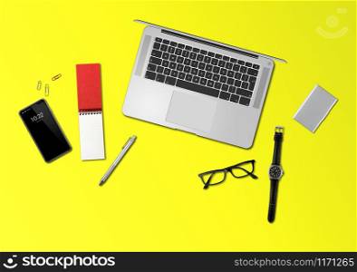 Modern office desk mockup top view isolated on yellow. Office desk mockup top view isolated on yellow