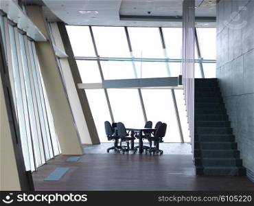 modern office interior, bright conference meeting room with big windows