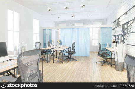 Modern office interior with white walls, wooden floor, rows of computer tables and chairs. 3d rendering mock up. Modern office interior 3d