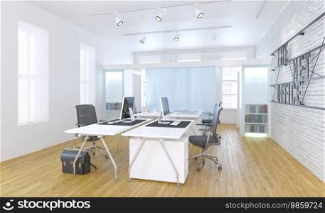 Modern office interior with white walls, wooden floor, rows of computer tables and chairs. 3d rendering mock up. Modern office interior 3d