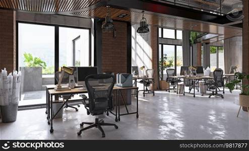 Modern office . Loft style . 3D Render. Loft style modern office