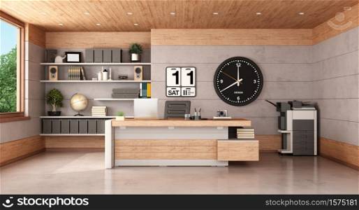 Modern office with concrete and wooden paneling,desk,chair and photocopier - 3d rendering. Modern office with concrete and wooden paneling