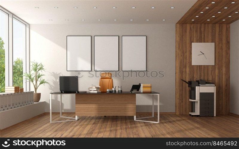 Modern office with desk,chair , photocopier and wooden paneling - 3d rendering. Modern office with desk,chair and photocopier