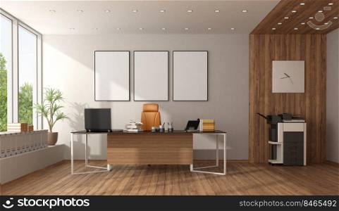 Modern office with desk,chair , photocopier and wooden paneling - 3d rendering. Modern office with desk,chair and photocopier