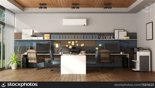 Modern office with four workstation - 3d rendering. Large office with four workstation