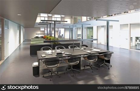 Modern office with open space . 3D Render. Modern office with open space
