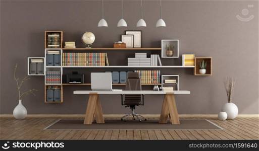 Modern office with wooden bookcase and desk - 3d rendering. Modern office with wooden furniture