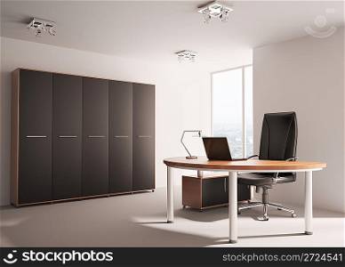Modern office with wooden table interior 3d render