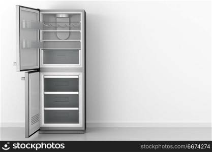 modern open empty fridge in front of white wall. 3d illustration
