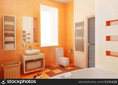 modern orange bathroom interior 3d