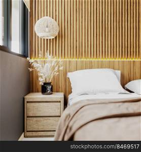 Modern oriental style bedroom interior with wooden panel wall with cove light, nightstand close up, brown tones, hotel room interior concept, 3d rendering