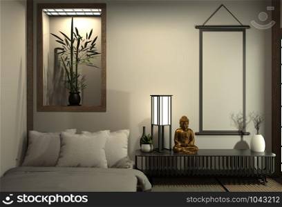 Modern peaceful Bedroom. zen style bedroom and decoration japanese style, Bedroom japanese style.3d rendering