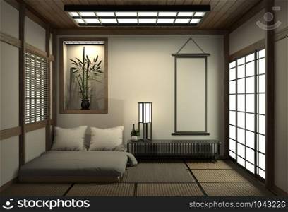 Modern peaceful Bedroom. zen style bedroom and decoration japanese style, Bedroom japanese style.3d rendering