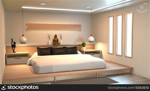 Modern peaceful Bedroom. zen style bedroom. Peaceful and serene bedroom. .3D rendering