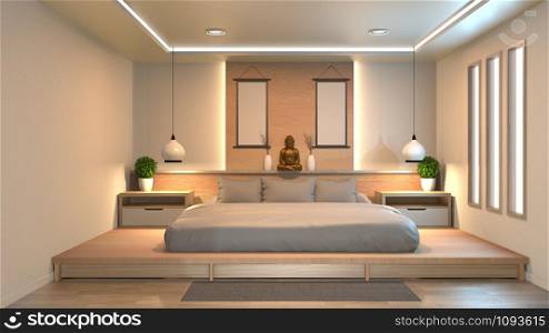 Modern peaceful Bedroom. zen style bedroom. Peaceful and serene bedroom. .3D rendering