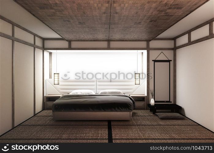 Modern peaceful Bedroom. zen style bedroom. serene bedroom. Wood bed with tatami floor japanese style. 3D rednering