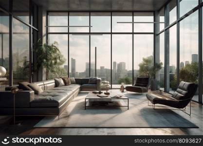 modern penthouse living room with large windows created by generative AI