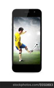 modern phone with soccer or football player shooting a ball on screen. mobile soccer