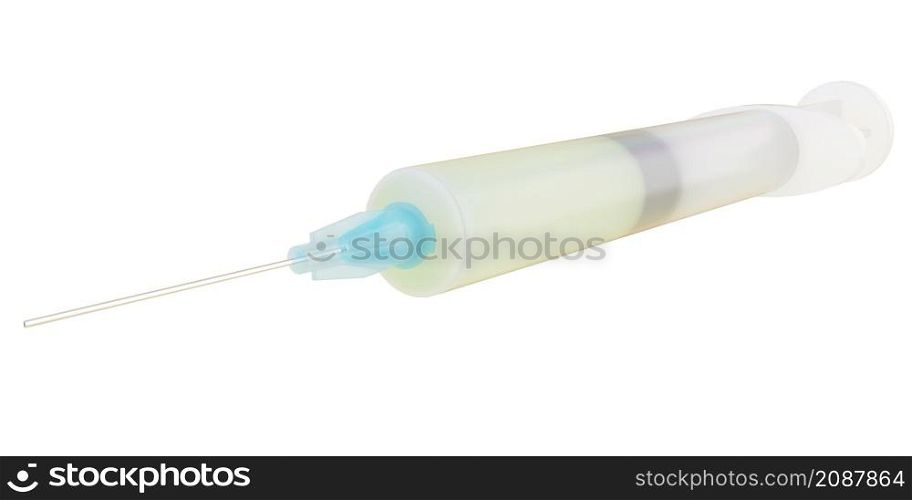 Modern plastic medical syringe with liquid, 3D Illustration.