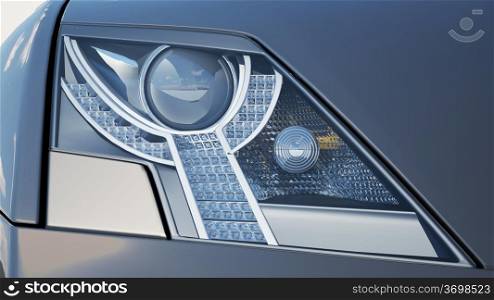 Modern powerful sports supercar headlights close-up