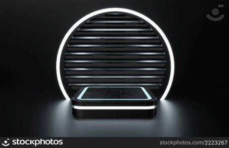 Modern product showcase sci-fi podium with blue-green and white glowing light neon background. Technology and object concept. 3D illustration rendering