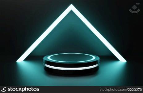Modern product showcase sci-fi podium with blue green glowing light neon background. Technology and object concept. 3D illustration rendering