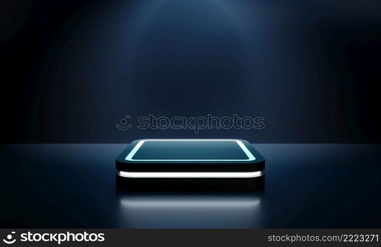 Modern product showcase sci-fi podium with blue green glowing light neon background. Technology and object concept. 3D illustration rendering