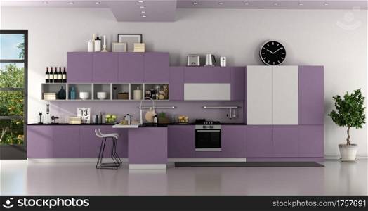 Modern purple and white modern kitchen with island and barstool - 3d rendering. Modern purple and white modern kitchen