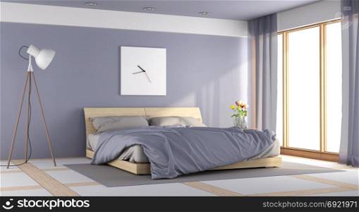 Modern purple bedroom. Modern purple bedroom with double bed, floor lamp and flowers - 3d rendering