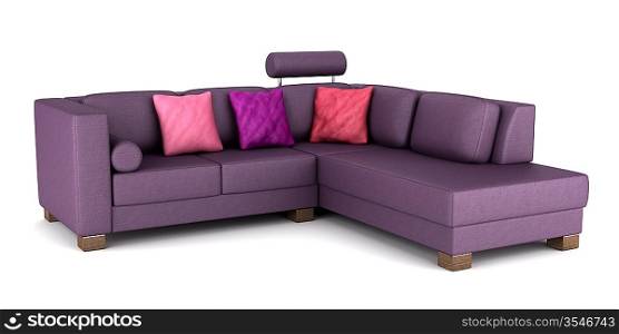 modern purple leather couch with pillows isolated on white background