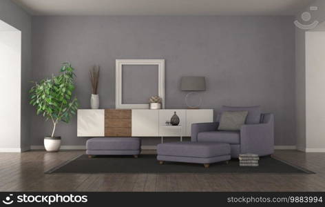 Modern purple living room with armchair,footstools and sideboard on background - 3d rendering. Modern purple living room