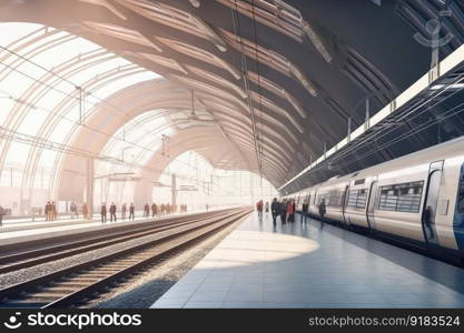 modern railway station with sleek and streamlined trains, passengers waiting for their ride, created with generative ai. modern railway station with sleek and streamlined trains, passengers waiting for their ride