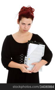 Modern red-haired accountant with folder of documents isolated on white background